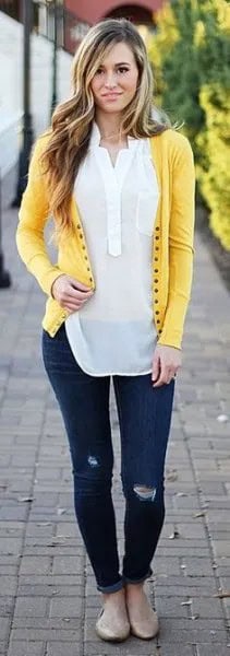 Light Yellow Cardigan with White Semi-Sheer Chiffon Blouse