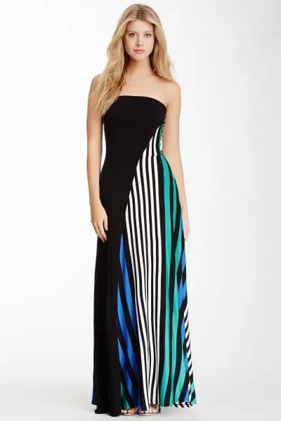 Black, Pink and White Vertical Striped Maxi Dress