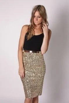 Black Scoop Neck Tank Top with Gold Knee Length Sequin Skirt