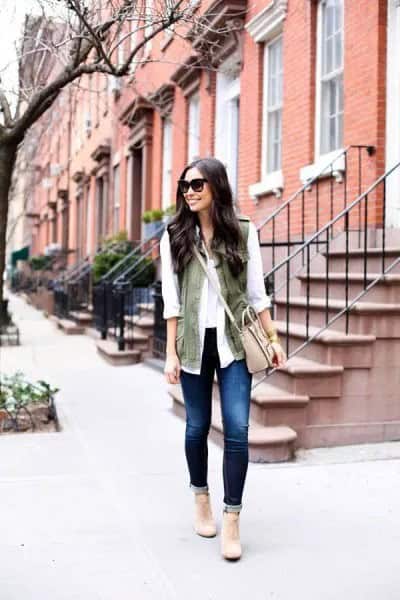 White Chiffon Blouse with Olive Green Vest & Pale Pink Shoulder Leather Bag