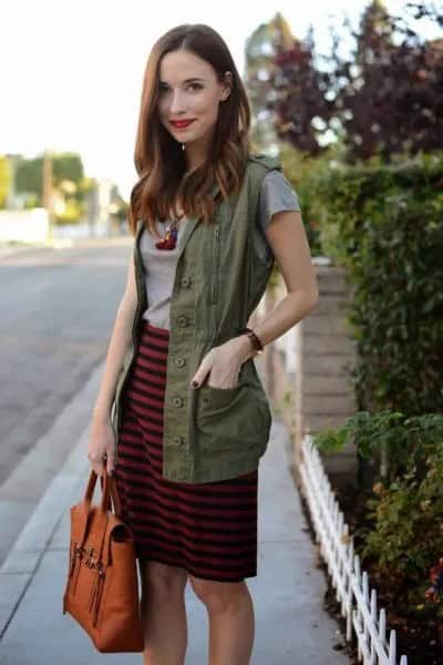 Grey and Black Striped Knee Length Skirt with Military Vest