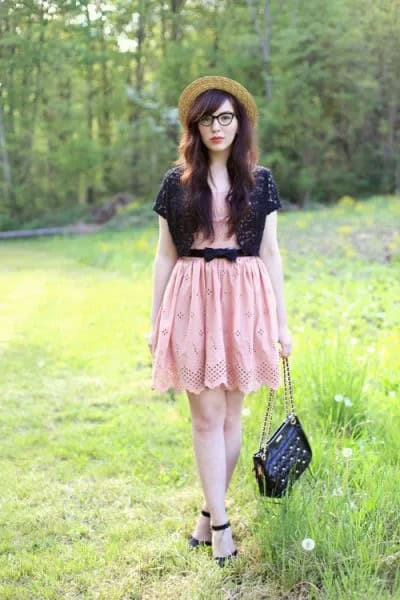 Black Shrug with Pink Belted Mini Dress