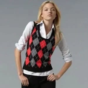 Red, Grey and Black Patterned Sweater Vest with White Shirt & Jeans