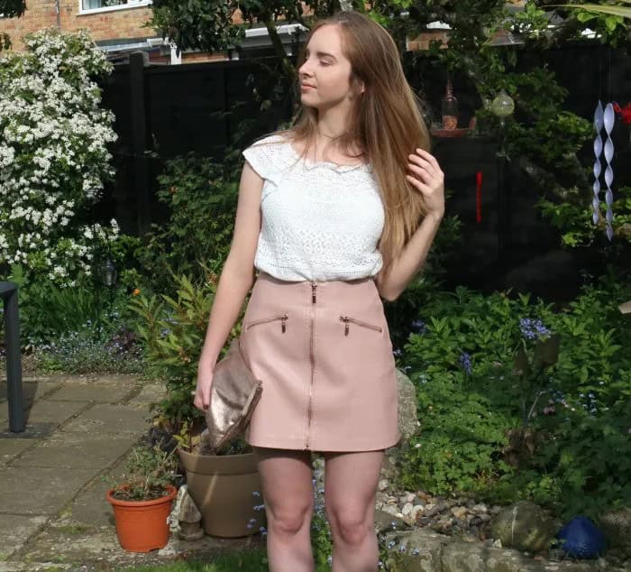 White Cap Sleeve Crochet Lace Top with Pink Zip Front Leather Mini Skirt