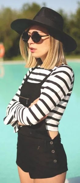 Overall Shorts with Cropped Black and White Striped Long Sleeve Tee