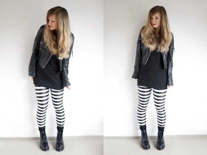 Tunic Tee with Leather Jacket & Black and White Horizontal Striped Leggings