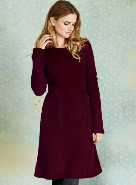 Deep Red Belted Long Sleeve Sweater Dress with Skinny Jeans