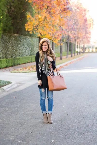 Black Tunic Sweater with Light Blue Jeans & Grey Suede Ankle Boots