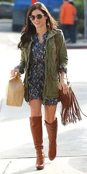 Wear with Brown Long Leather Jacket & Grey Printed Mini Dress