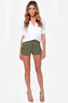 White Button Up Shirt with Green Khaki Mini Shorts