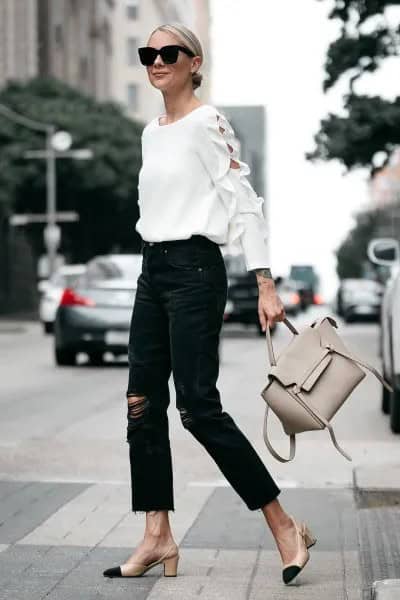 White Crew Neck Sweater with Black Ripped Boyfriend Jeans