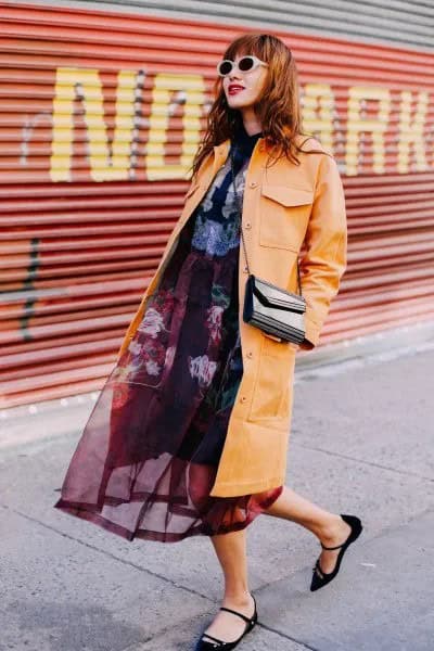 Mustard Yellow Leather Midi Jacket with Black Midi Chiffon Dress & Velvet Flats