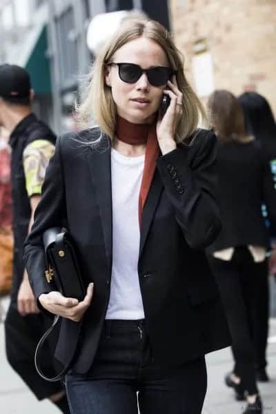 Black Blazer with White Tee & Skinny Choker Scarf