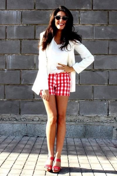 White Blazer with Red Plaid Shorts