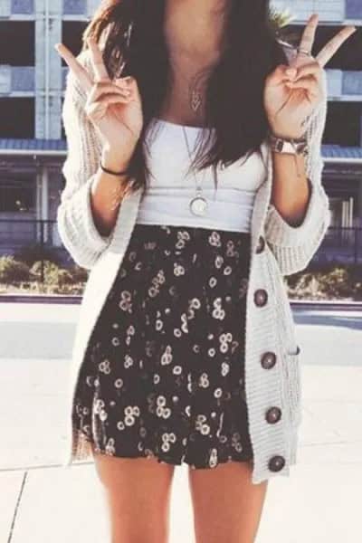 Light Grey Longline Cardigan with Black and White Printed Mini Skater Skirt