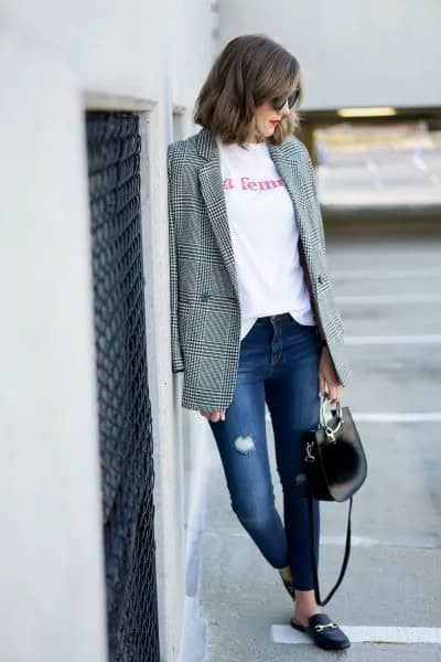 Tweed Oversized Blazer with White Print Tee