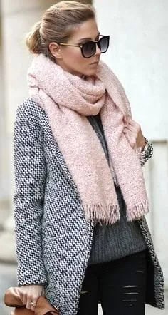 Light Pink Fringe Scarf with Black and White Tweed Blazer & Leather Leggings