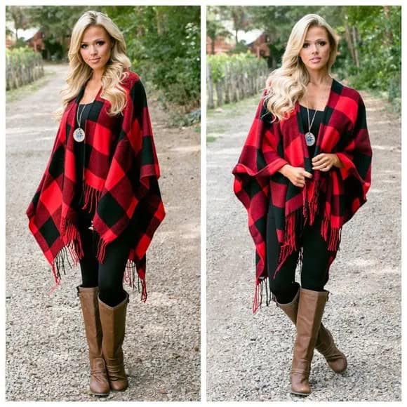 Red and Black Plaid Poncho with Leggings & Boots