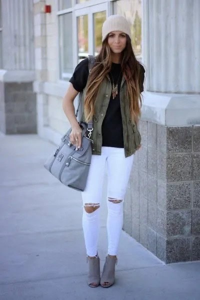 Wear with Black T Shirt & Ripped White Skinny Jeans