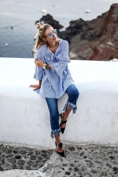 Blue and White Striped Bell Sleeve Shirt with Cropped Fringe Jeans