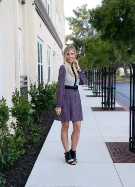 Light Grey Vest with Long Sleeve Mini Shift Dress & Open Toe Boots