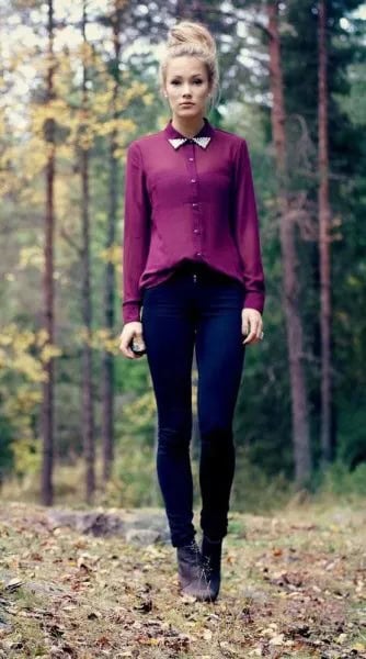 Semi-Sheer Collar Chiffon Shirt with Dark Blue Skinny Jeans