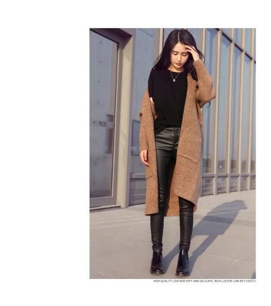 Camel Long Sweater Coat with Black Leather Leggings