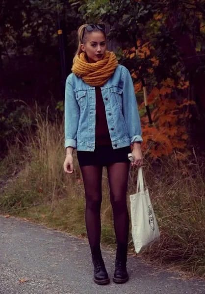 Blue Denim Jacket with Lime Green Scarf & Black Mini Dress