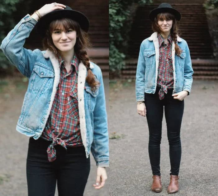 Blue Jacket with Knotted Red Plaid Shirt