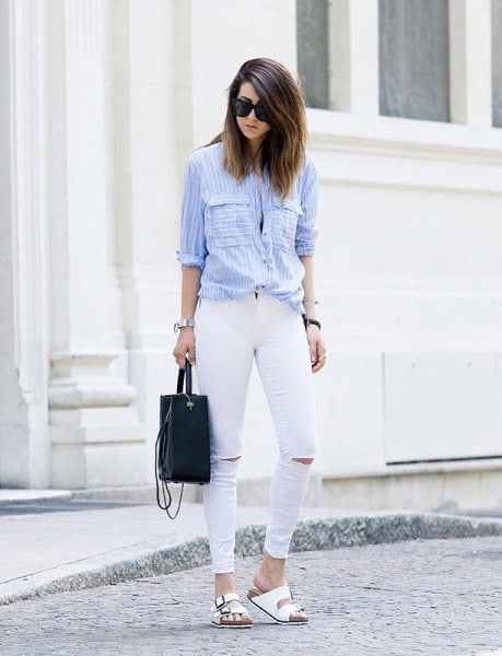 Light Blue and White Striped Button Up Shirt with Ripped Jeans