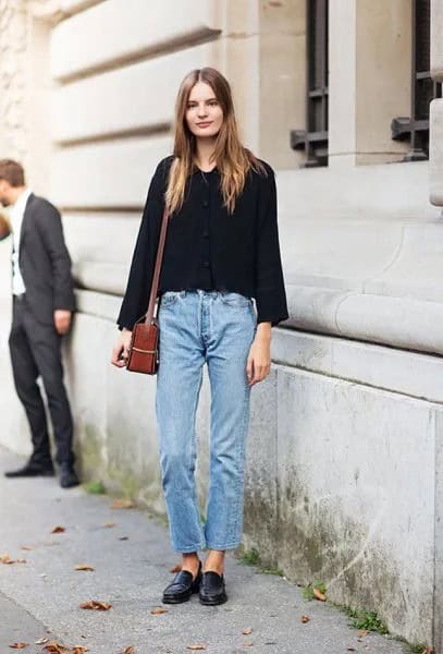 Black Pullover Sweater with Blue Jeans & Loafers