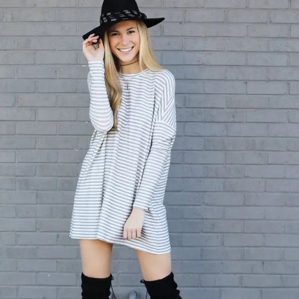 Grey and White Striped Crew Neck Long Sleeve Mini Tunic Dress with Felt Hat