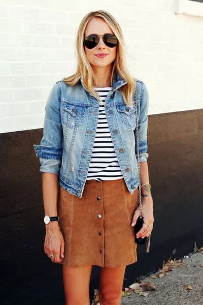 Blue Denim Jacket with Black and White Striped Tee & Brown Skirt