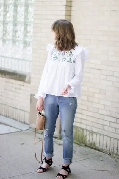 White Ruffle Shoulder Embroidered Cute Blouse with Cuffed Jeans