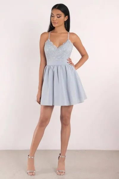 Spaghetti Strap Light Blue Fit and Flare Mini Dress