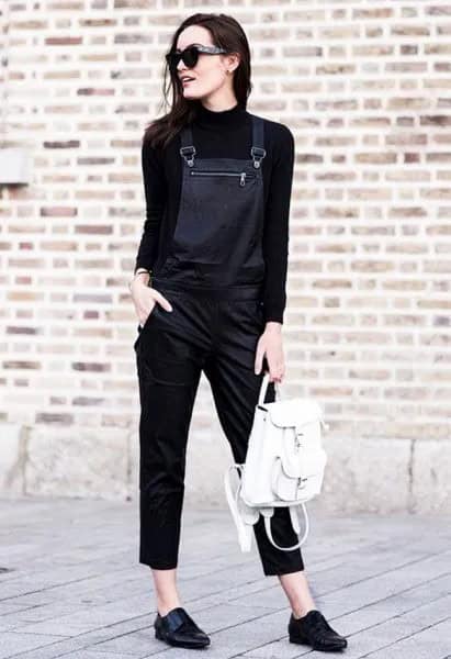 Black Mock Neck Knit Sweater with Leather Overalls