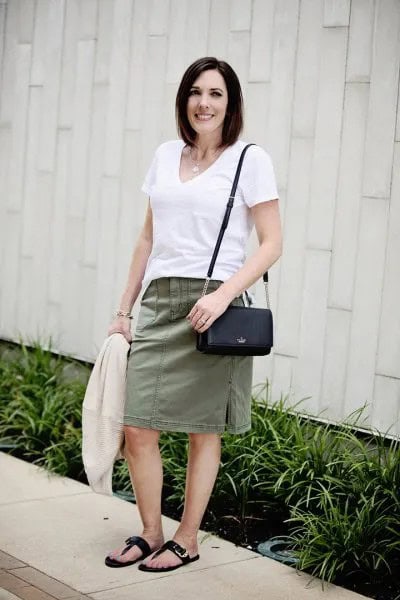 White V Neck T Shirt with Grey Knee Length Straight Cut Skirt