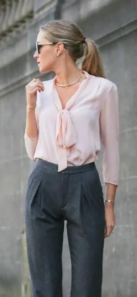 Pink Bow Neck Blouse with Grey Wool Pants & Silver Choker