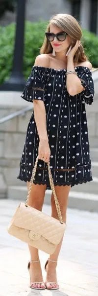 Black Off The Shoulder Dot Embroidered Dress