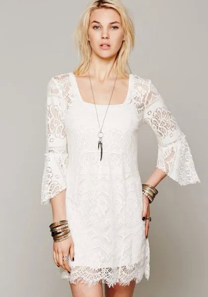 White Bell Sleeve Lace Shift Dress