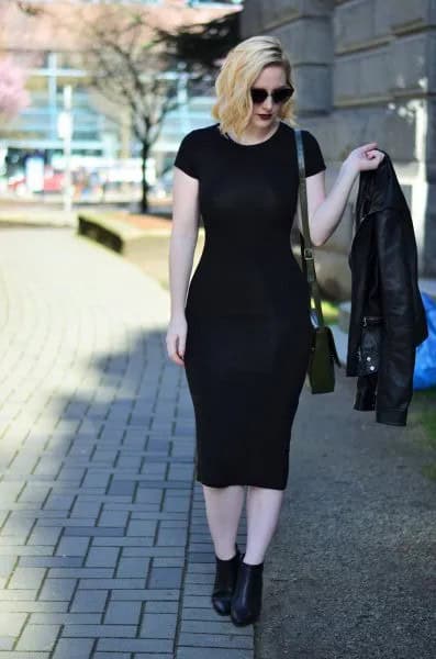 Short Sleeve Midi Dress with Biker Jacket & Black Leather Ankle Boots