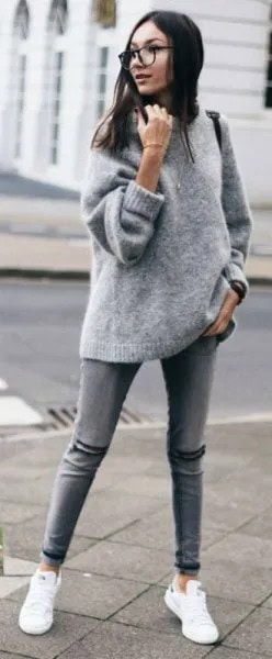 Grey Chunky Fuzzy Sweater with White Sneakers