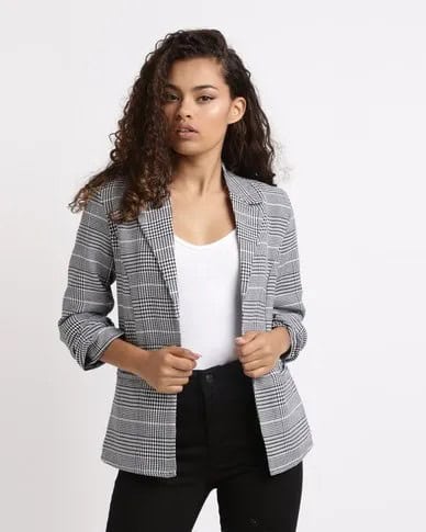 Checkered Blazer with White Tank top & High Rise Black Jeans