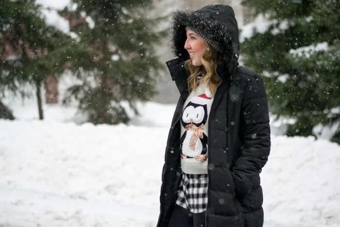 White Penguin Printed Sweater with Plaid Mini Shorts