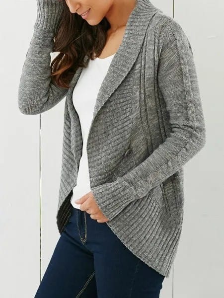 Grey Shawl Collar Cardigan with Dark Blue Skinny Jeans