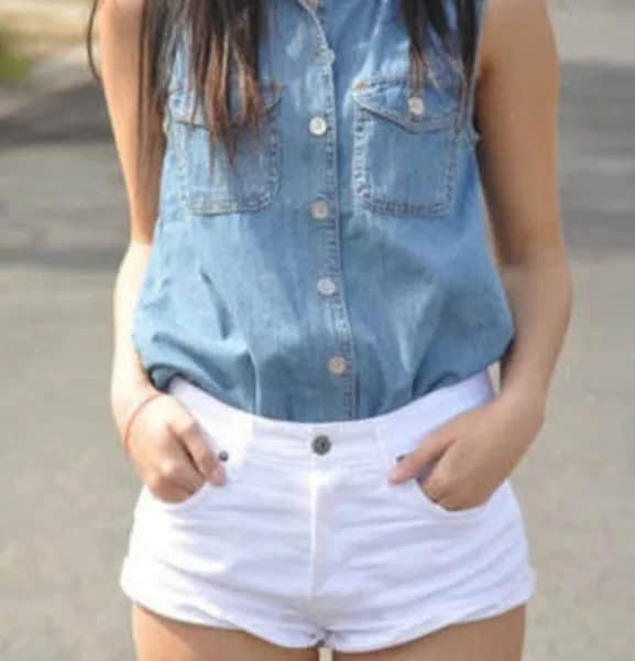 Chambray Sleeveless Button Up Shirt with White Mini Shorts