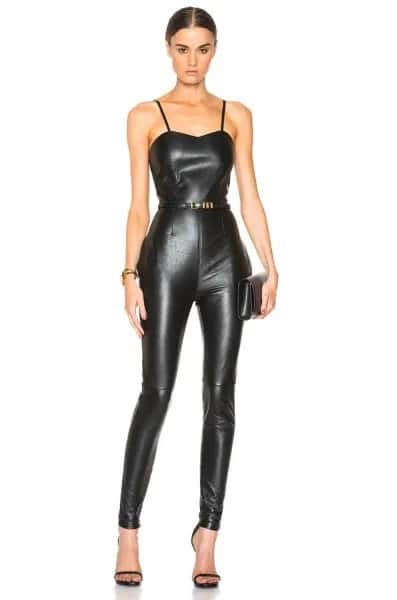 Spaghetti Strap Belted Leather Jumpsuit with Open Toe Heels