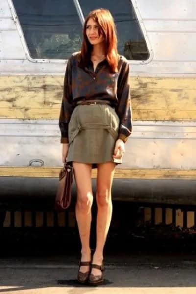 Black Button Up Shirt with Green Mini Skirt