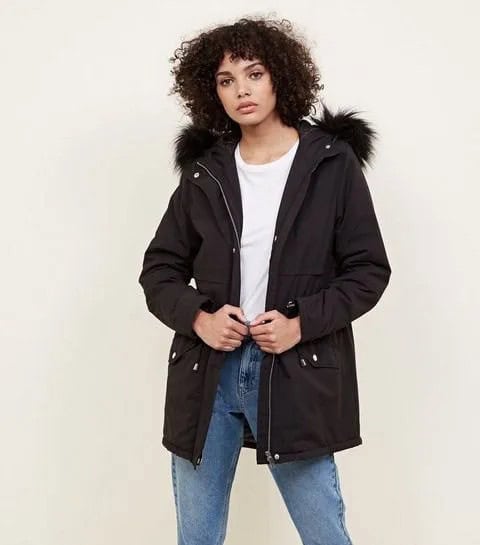 Black Oversized Bomber Jacket with Faux Fur Hood