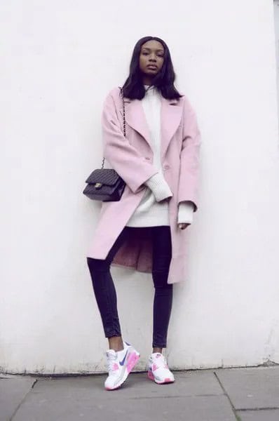 Pale Pink Long Wool Coat with White Mock Neck Knit Sweater Dress